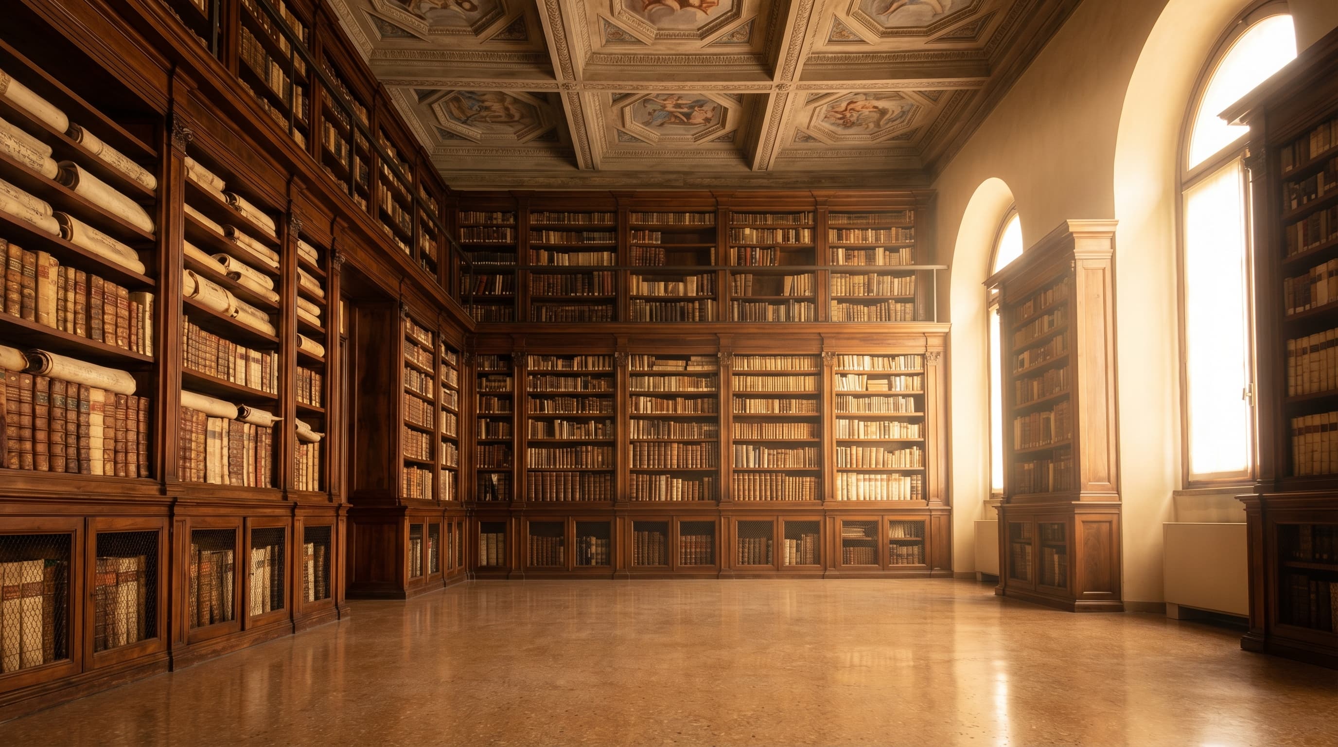古典意大利图书馆书架与晨光